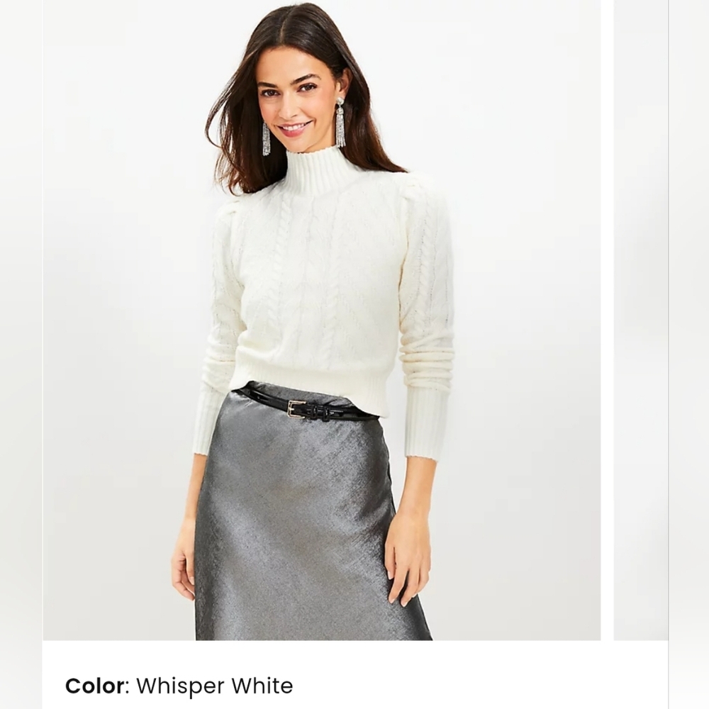[New with Tag] LOFT Puff Sleeve Turtleneck Cable Sweater, size XS, white